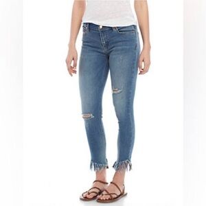 Free People Distressed Skinny Jeans – Size 25 – Raw Frayed Hem – Blue